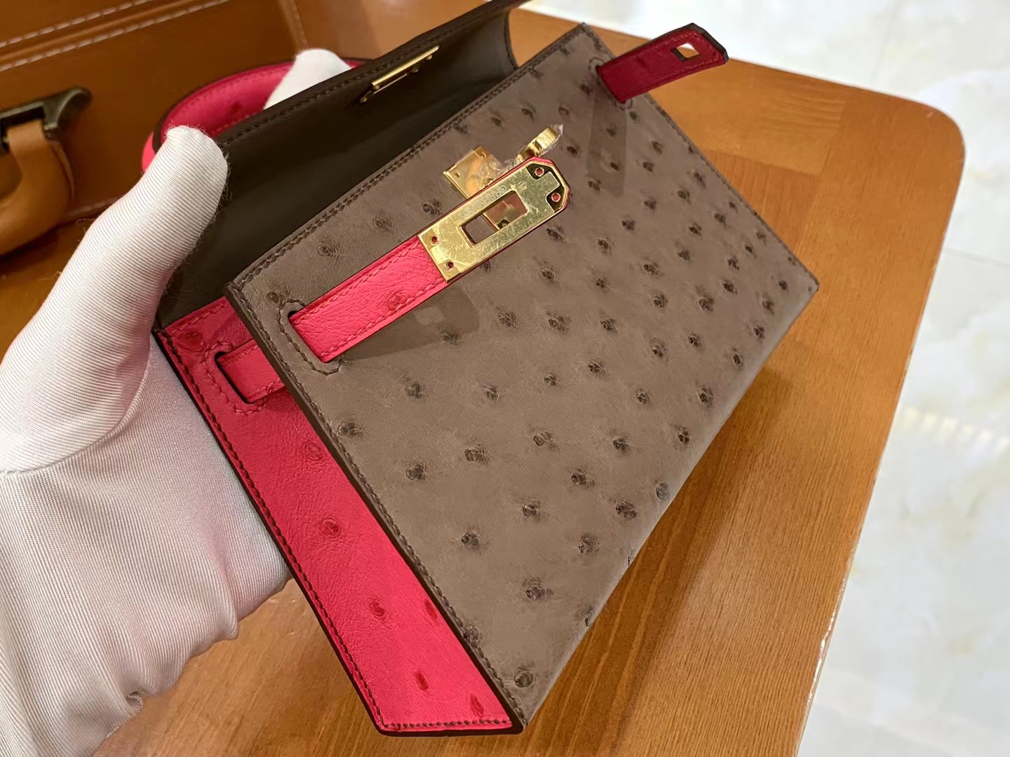 Hermès（爱马仕）Mini Kelly 迷你凯莉 大象灰拼糖果粉 南非KK级鸵鸟皮 金扣 二代 法国原版蜡线 顶级手缝