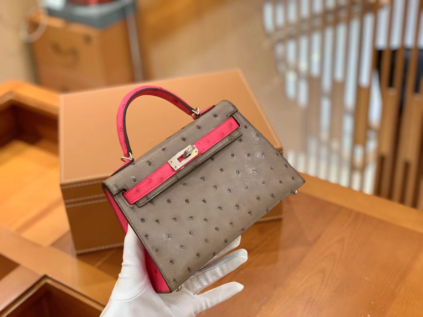 Hermès（爱马仕）Mini Kelly 迷你凯莉 大象灰拼糖果粉 南非KK级鸵鸟皮 银扣 二代 法国原版蜡线 顶级手缝