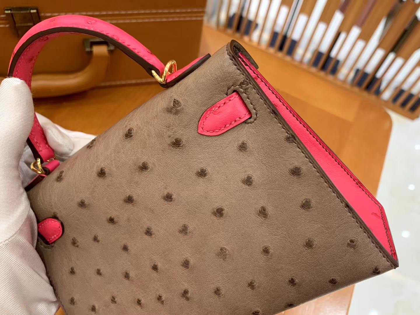 Hermès（爱马仕）Mini Kelly 迷你凯莉 大象灰拼糖果粉 南非KK级鸵鸟皮 金扣 二代 法国原版蜡线 顶级手缝