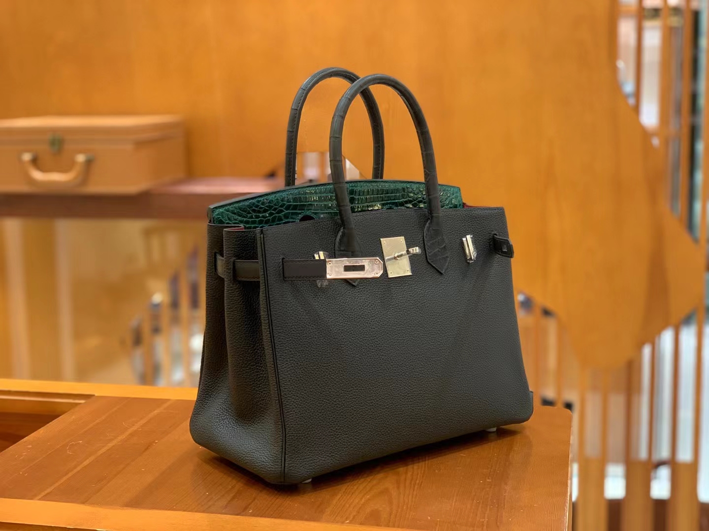 Hermès（爱马仕）Birkin Touch 祖母绿拼黑色 尼罗鳄拼Togo皮 银扣 30cm 原版蜜蜡线 顶级手缝