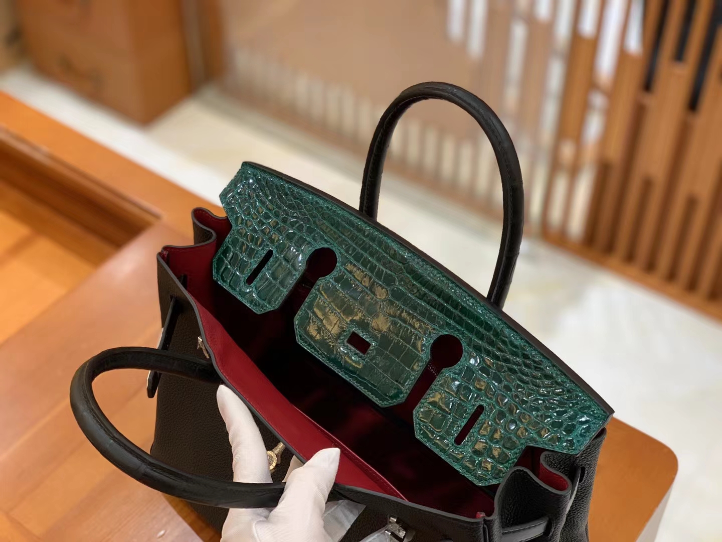 Hermès（爱马仕）Birkin Touch 祖母绿拼黑色 尼罗鳄拼Togo皮 银扣 30cm 原版蜜蜡线 顶级手缝