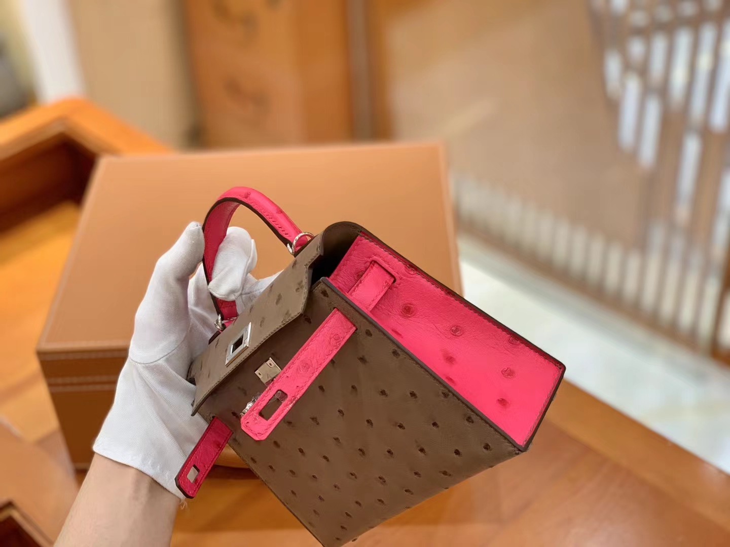 Hermès（爱马仕）Mini Kelly 迷你凯莉 大象灰拼糖果粉 南非KK级鸵鸟皮 银扣 二代 法国原版蜡线 顶级手缝