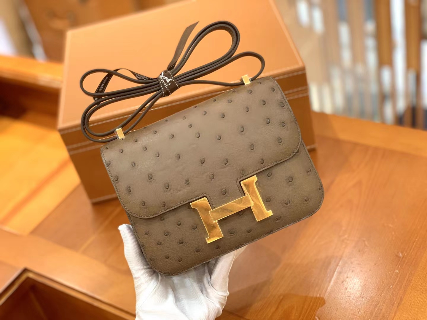 Hermès（爱马仕）Constance 康斯坦斯 鼹鼠灰 南非KK级鸵鸟皮 金扣 19cm 原版蜜蜡线 顶级手缝