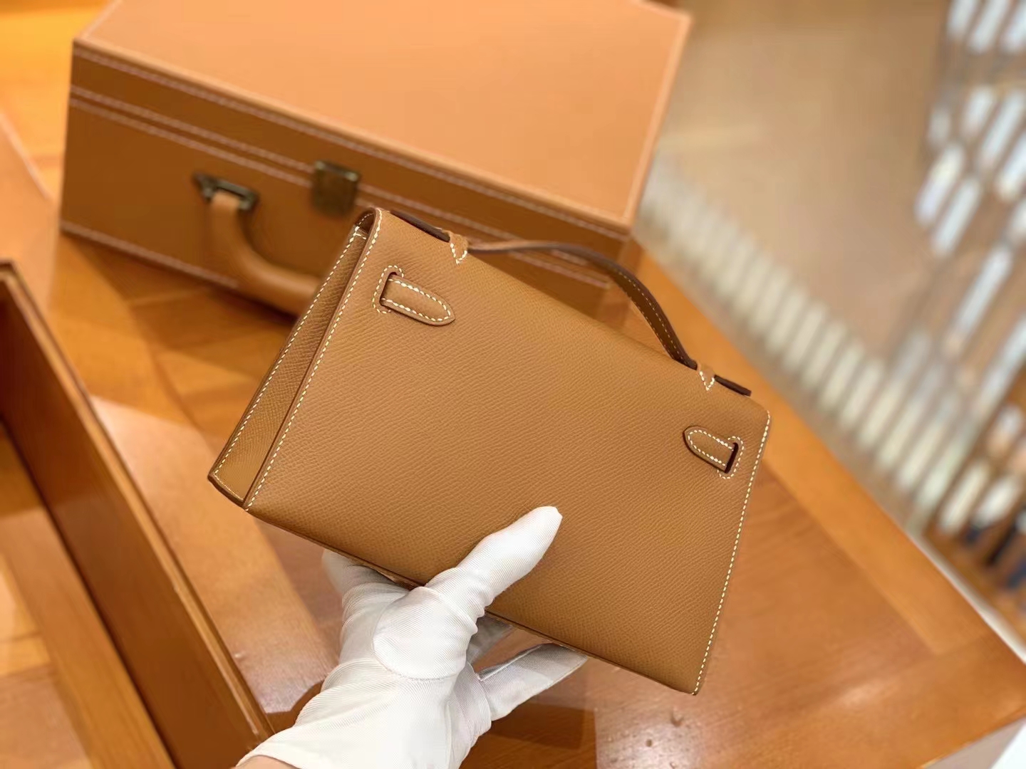 Hermès（爱马仕）Mini Kelly 迷你凯莉 金棕色 Epsom掌纹皮 银扣 一代 原版蜜蜡线 顶级手缝