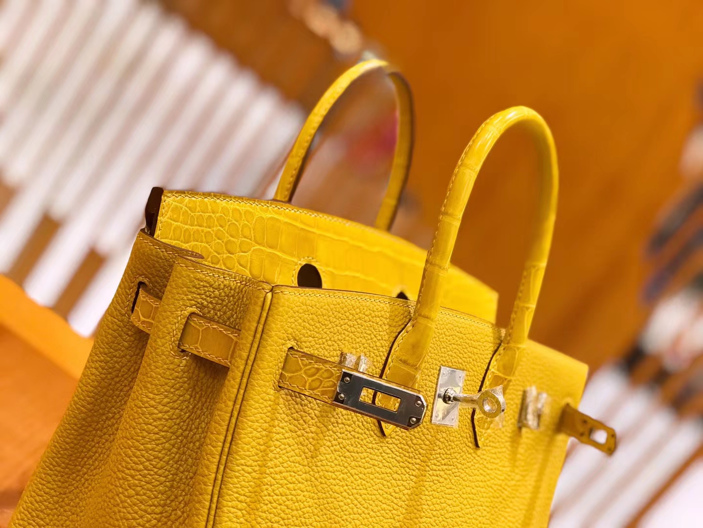 Hermès（爱马仕）Birkin Touch 琥珀黄 美洲鳄拼Togo皮 银扣 25cm 原版蜜蜡线 顶级手缝