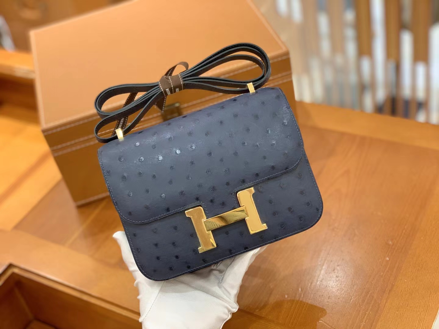 Hermès（爱马仕）Constance 康斯坦斯 马耳他蓝 南非KK级鸵鸟皮 金扣 19cm 原版蜜蜡线 顶级手缝