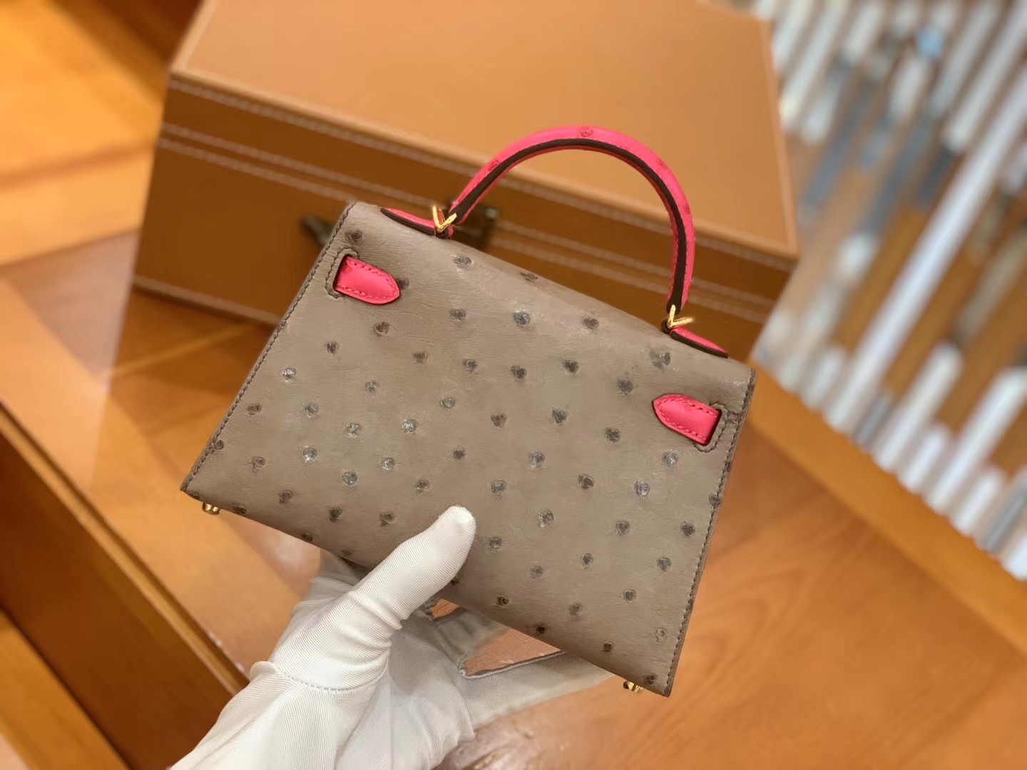 Hermès（爱马仕）Mini Kelly 迷你凯莉 大象灰拼糖果粉 南非KK级鸵鸟皮 金扣 二代 法国原版蜡线 顶级手缝