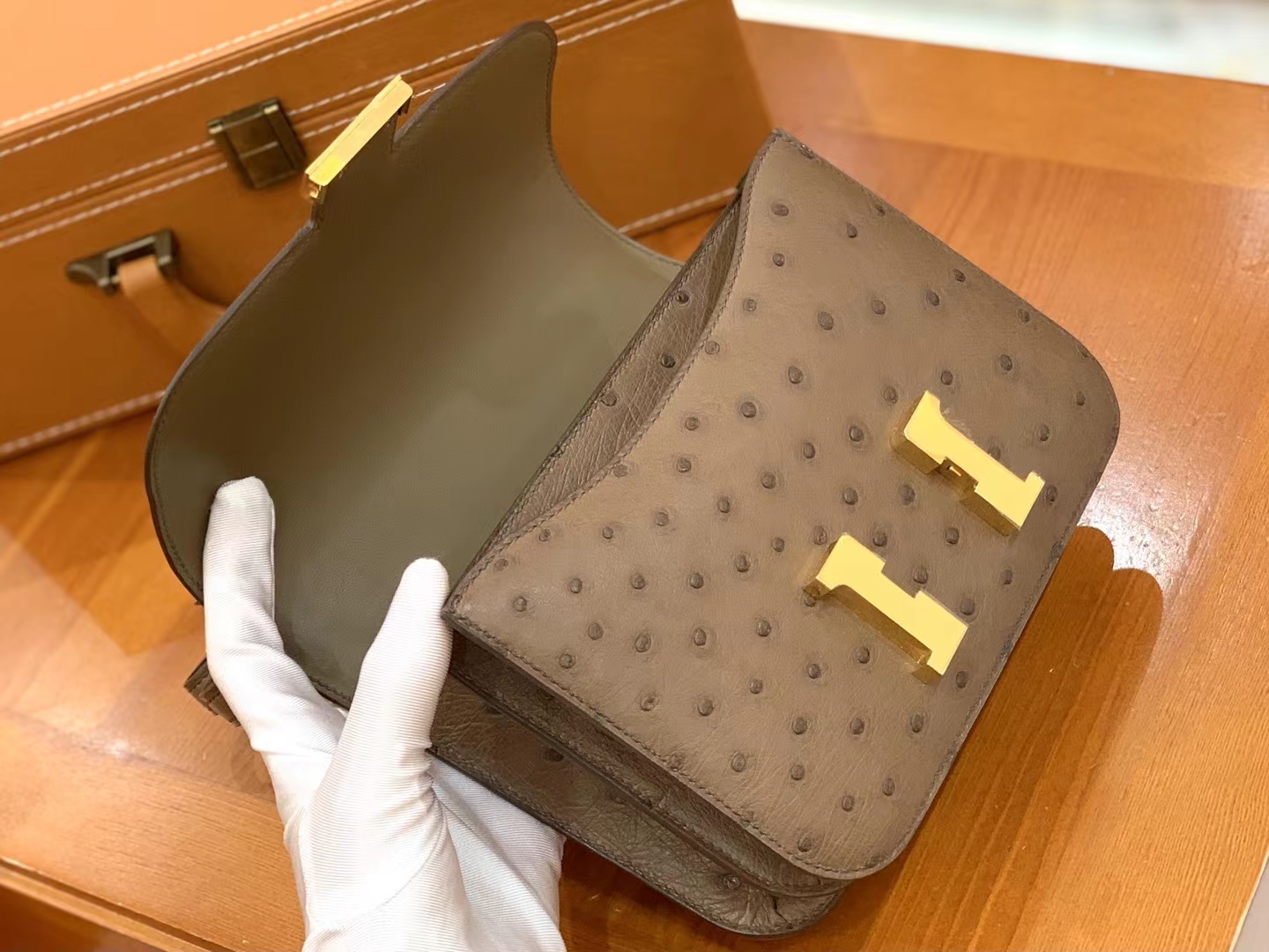 Hermès（爱马仕）Constance 康斯坦斯 鼹鼠灰 南非KK级鸵鸟皮 金扣 19cm 原版蜜蜡线 顶级手缝