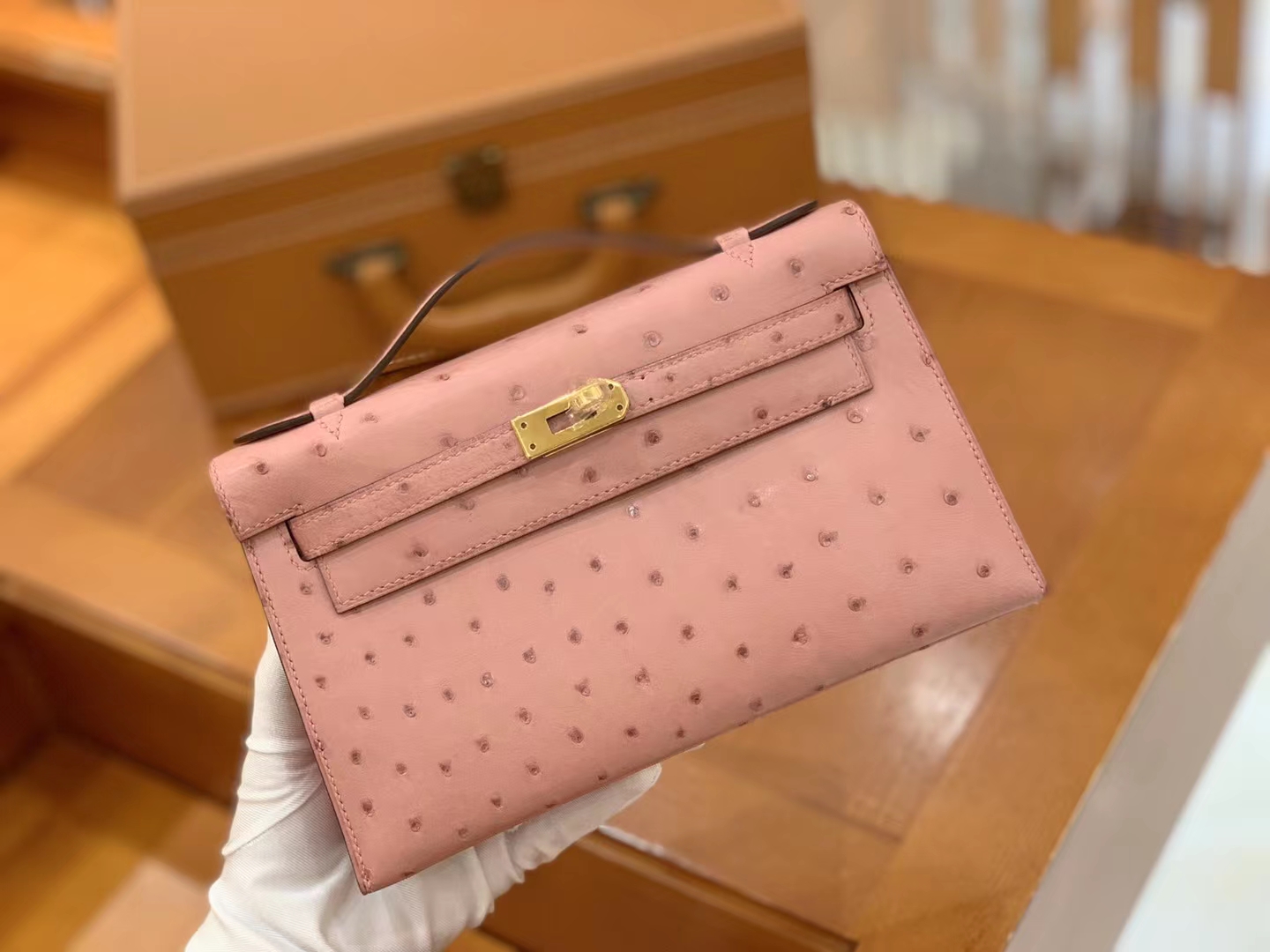 Hermès（爱马仕）Mini kelly Pochette 陶瓷粉 南非KK级鸵鸟皮 金扣 一代 原版蜜蜡线 顶级手缝
