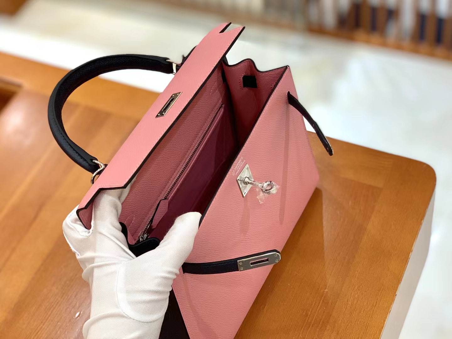 Hermès（爱马仕）Kelly 凯莉包 樱花粉拼午夜蓝 Epsom小牛皮 银扣 25cm 原版蜜蜡线 顶级手缝