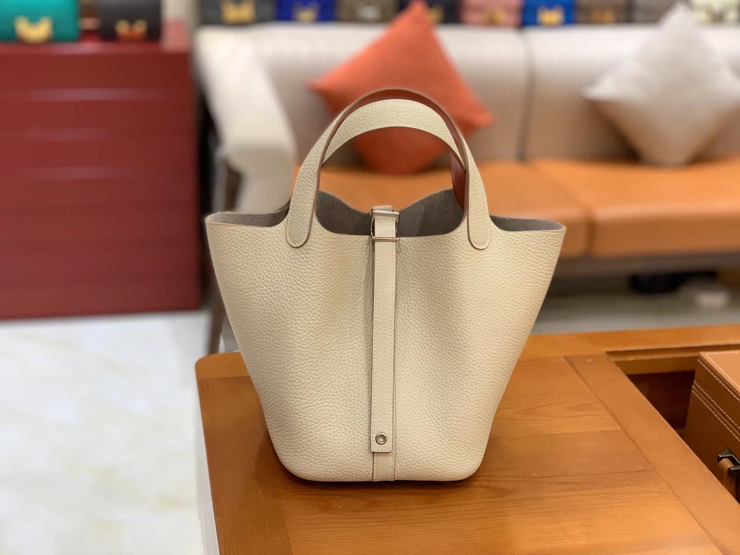Hermès（爱马仕）Picotin 菜篮子 奶昔白内拼橙红 进口TC大牛皮 金扣 18cm 原版蜜蜡线 顶级手缝