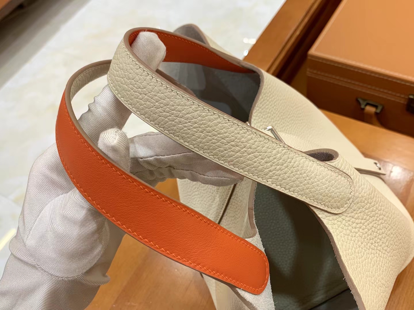 Hermès（爱马仕）Picotin 菜篮子 奶昔白内拼橙红 进口TC大牛皮 金扣 18cm 原版蜜蜡线 顶级手缝