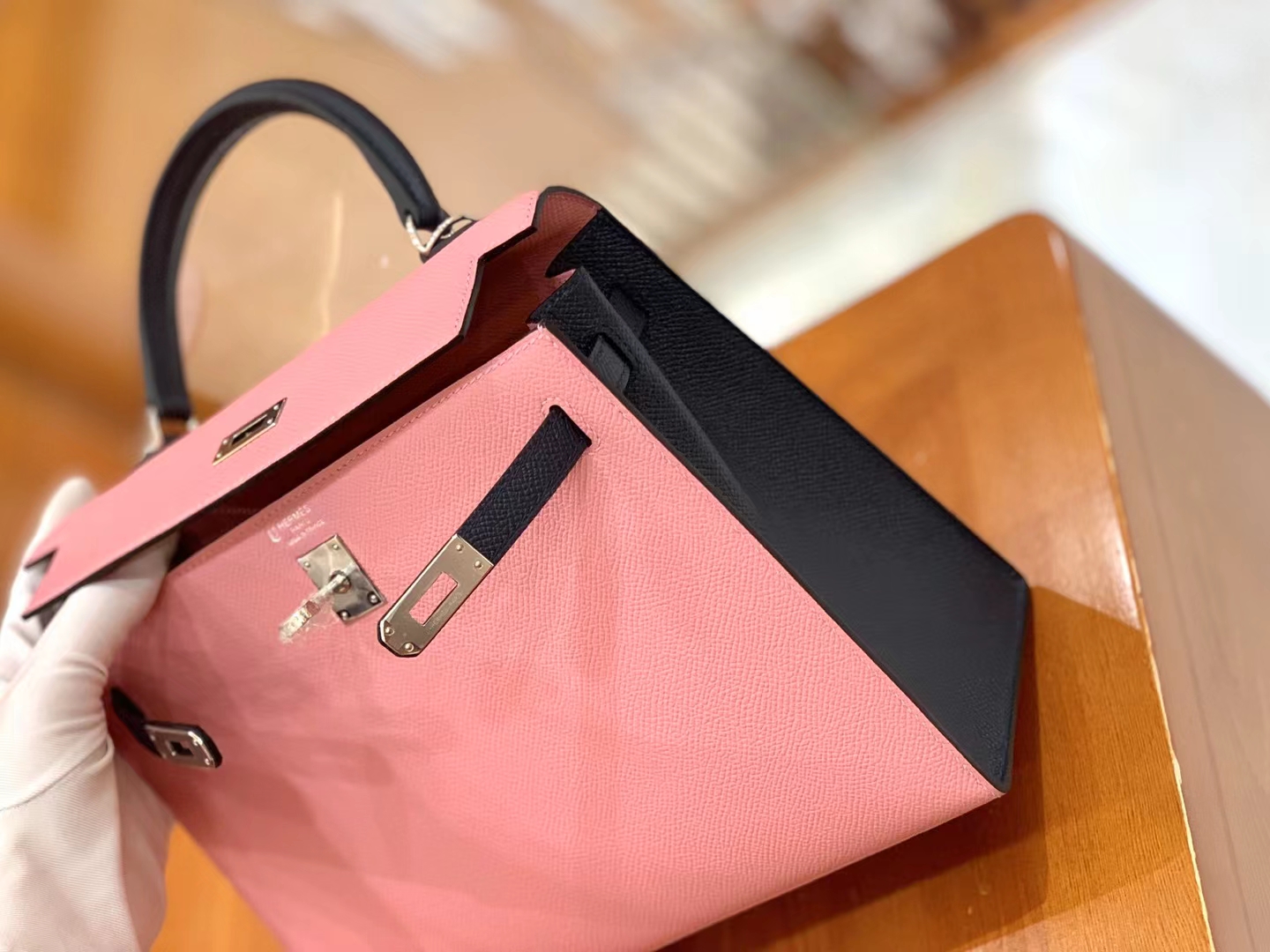 Hermès（爱马仕）Kelly 凯莉包 樱花粉拼午夜蓝 Epsom小牛皮 银扣 25cm 原版蜜蜡线 顶级手缝