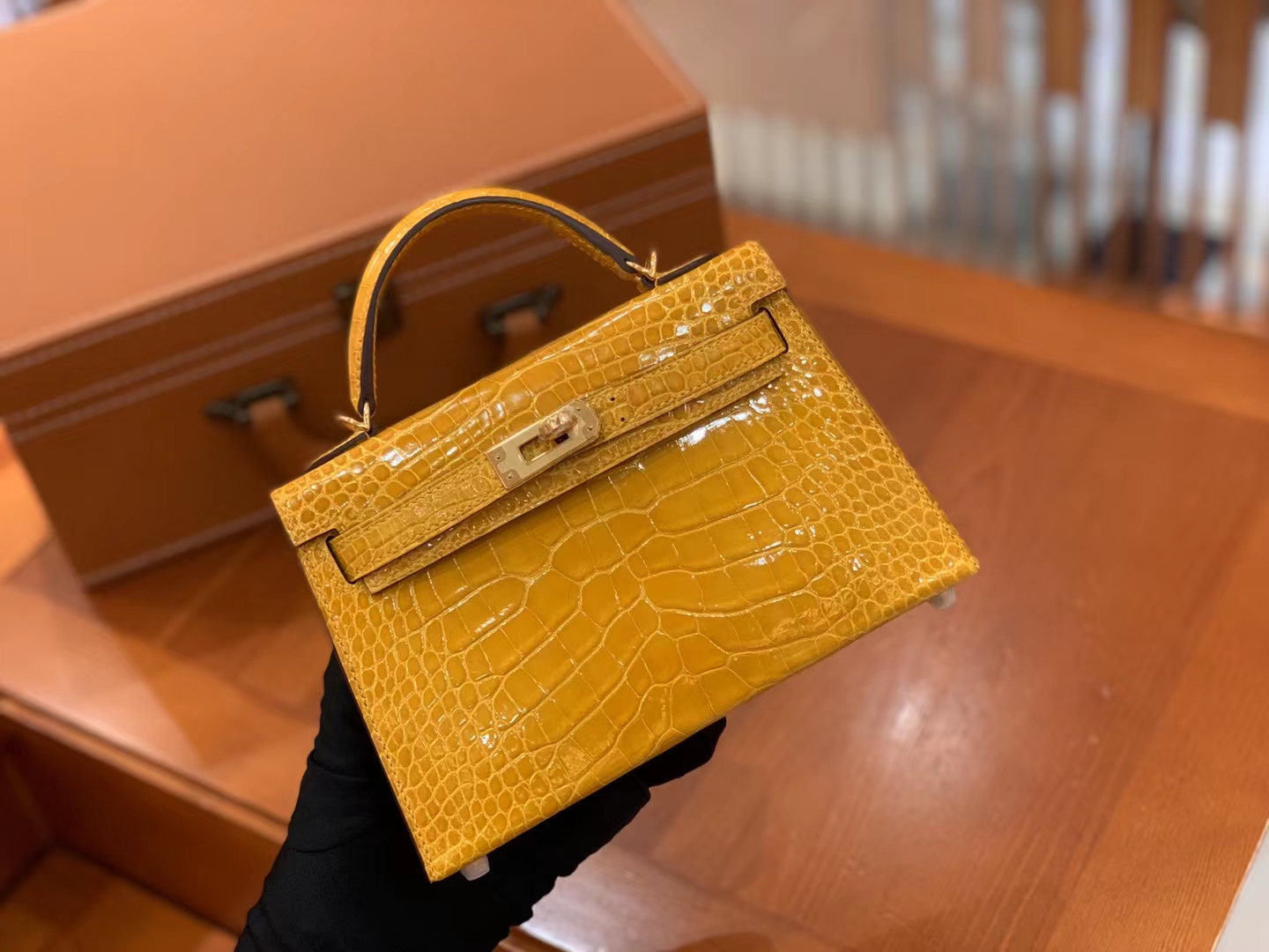 Hermès（爱马仕）Mini kelly 迷你凯莉 琥珀黄 一级美洲鳄鱼皮 金扣 二代 原版蜜蜡线 顶级手缝