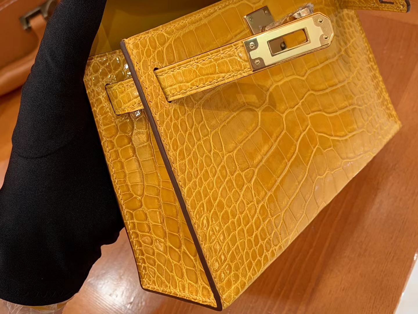 Hermès（爱马仕）Mini kelly 迷你凯莉 琥珀黄 一级美洲鳄鱼皮 金扣 二代 原版蜜蜡线 顶级手缝