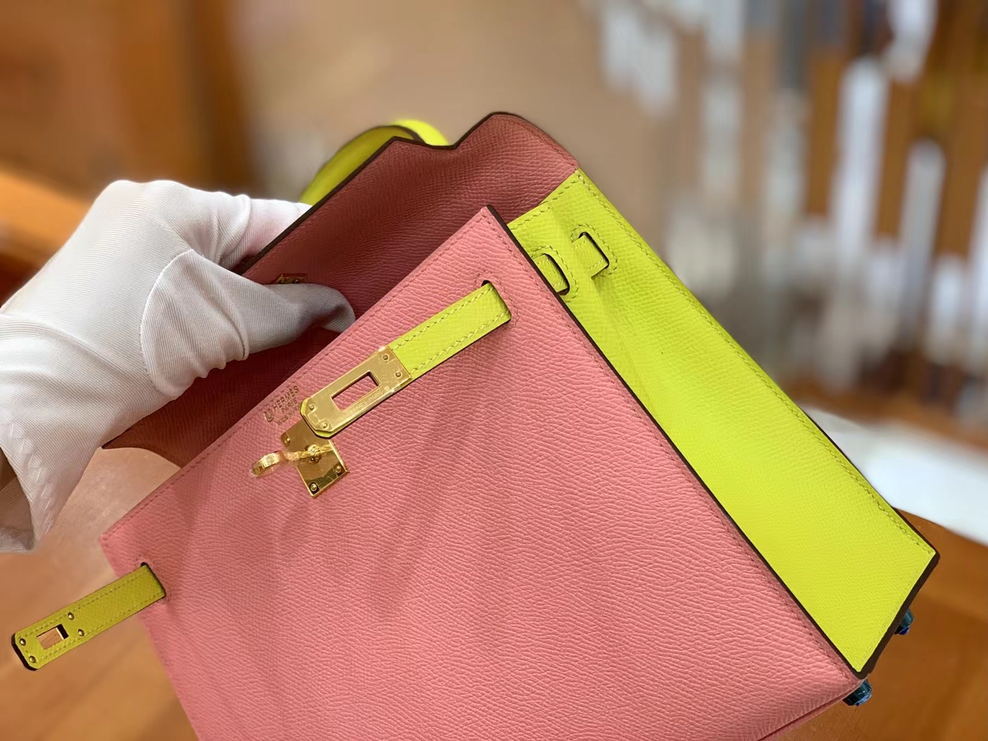 Hermès（爱马仕）Kelly 凯莉包 樱花粉拼柠檬黄 Epsom小牛皮 金扣 25cm 原版蜜蜡线 顶级手缝