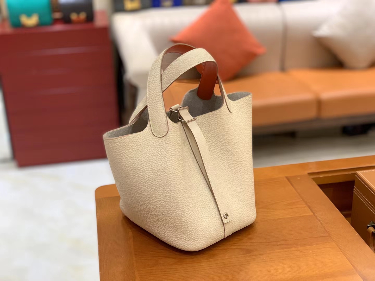 Hermès（爱马仕）Picotin 菜篮子 奶昔白内拼橙红 进口TC大牛皮 金扣 18cm 原版蜜蜡线 顶级手缝