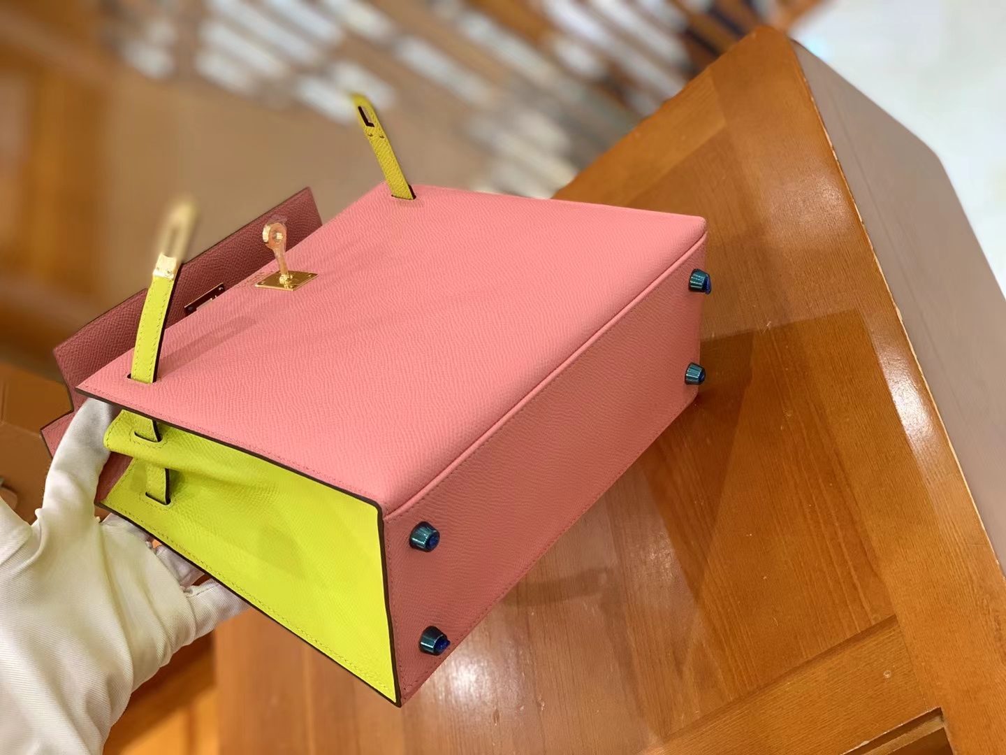 Hermès（爱马仕）Kelly 凯莉包 樱花粉拼柠檬黄 Epsom小牛皮 金扣 25cm 原版蜜蜡线 顶级手缝