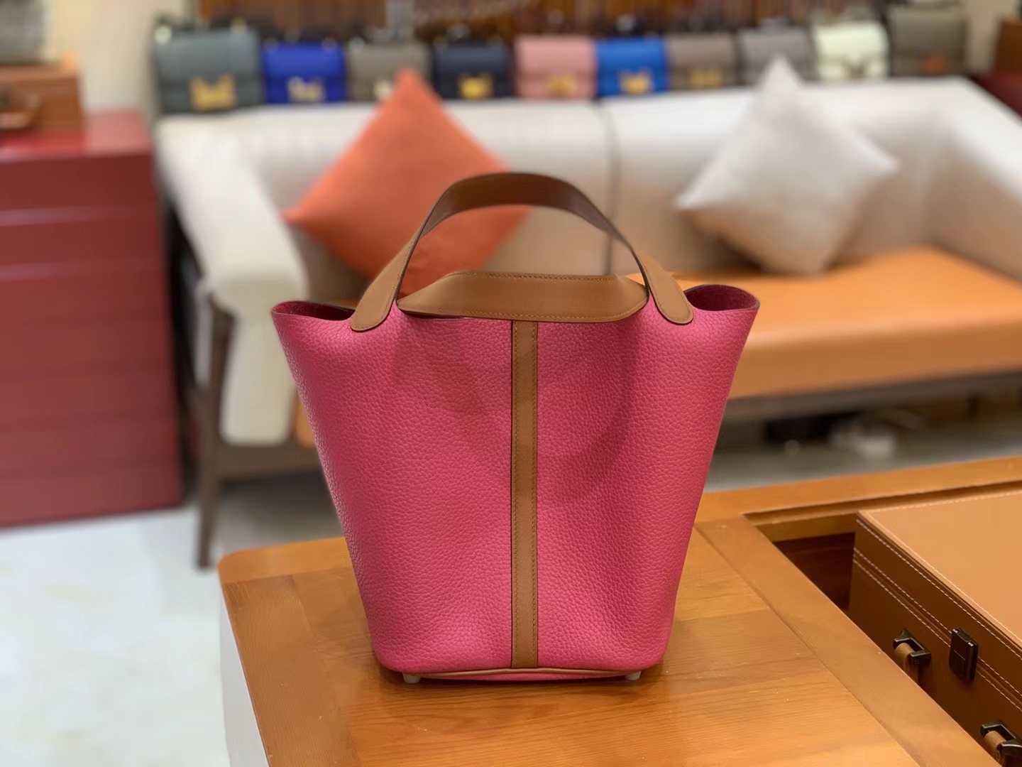 Hermès（爱马仕）Picotin 菜篮子 金棕拼玉兰粉 进口TC大牛皮 银扣 22cm 原版蜜蜡线 顶级手缝