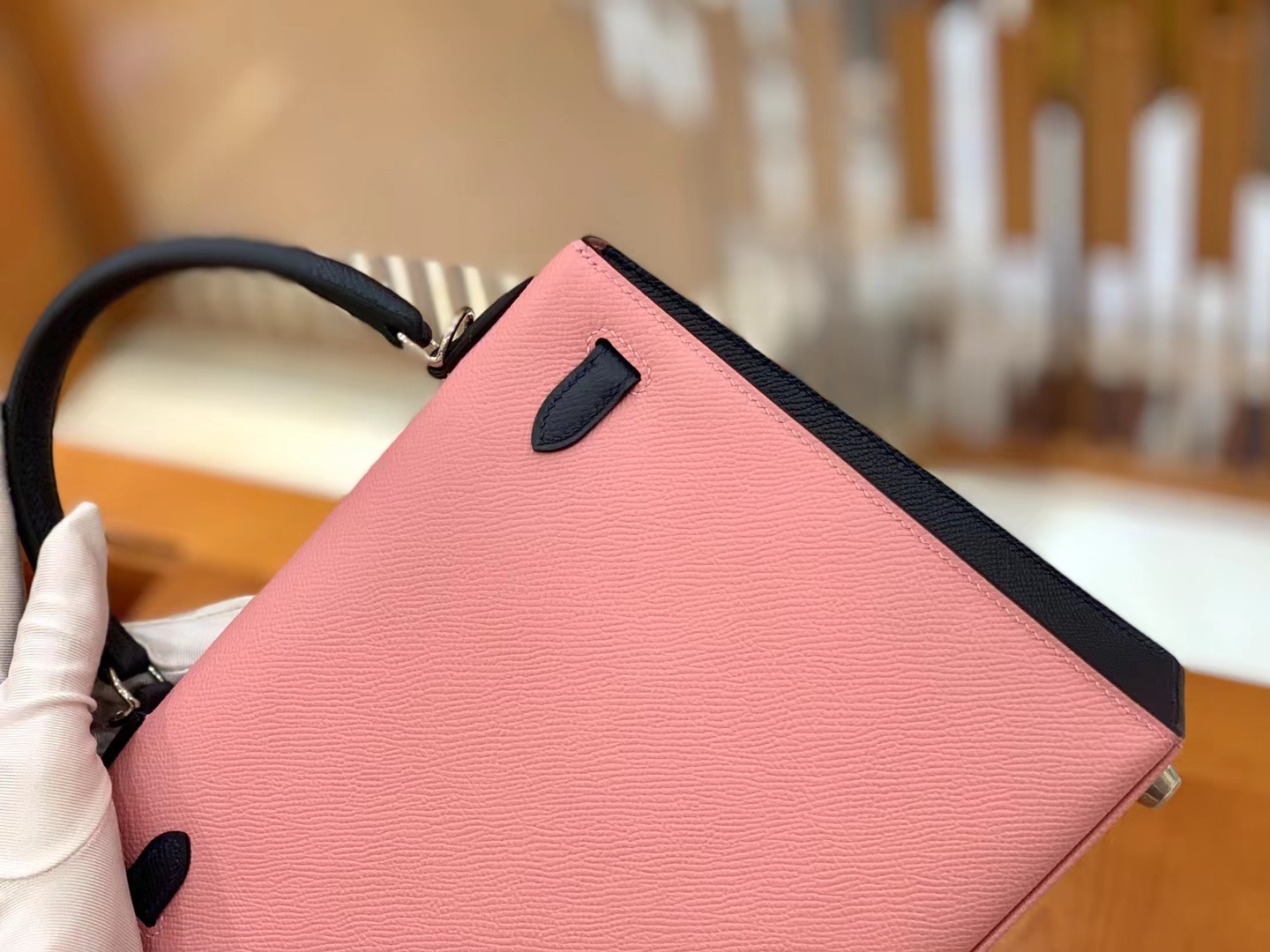 Hermès（爱马仕）Kelly 凯莉包 樱花粉拼午夜蓝 Epsom小牛皮 银扣 25cm 原版蜜蜡线 顶级手缝