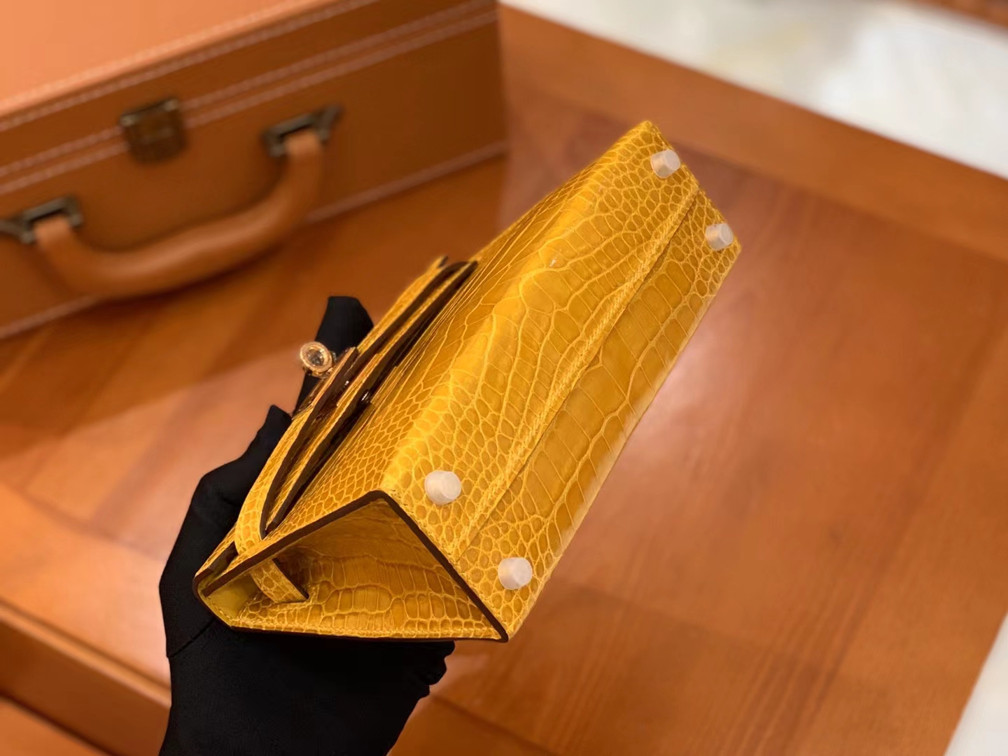 Hermès（爱马仕）Mini kelly 迷你凯莉 琥珀黄 一级美洲鳄鱼皮 金扣 二代 原版蜜蜡线 顶级手缝
