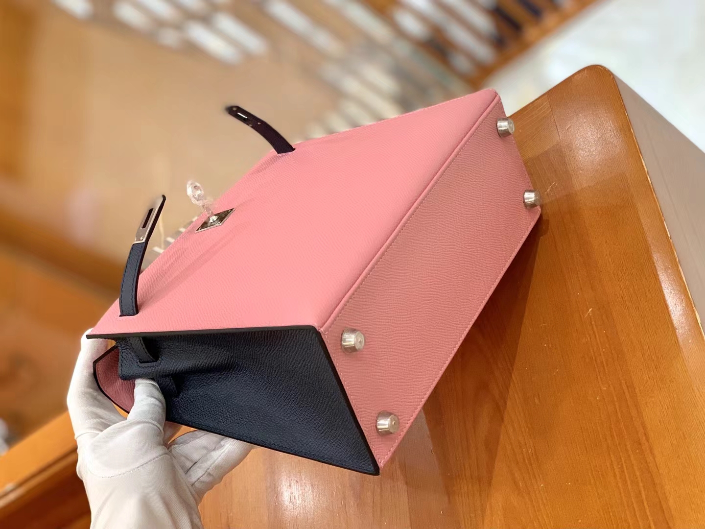 Hermès（爱马仕）Kelly 凯莉包 樱花粉拼午夜蓝 Epsom小牛皮 银扣 25cm 原版蜜蜡线 顶级手缝