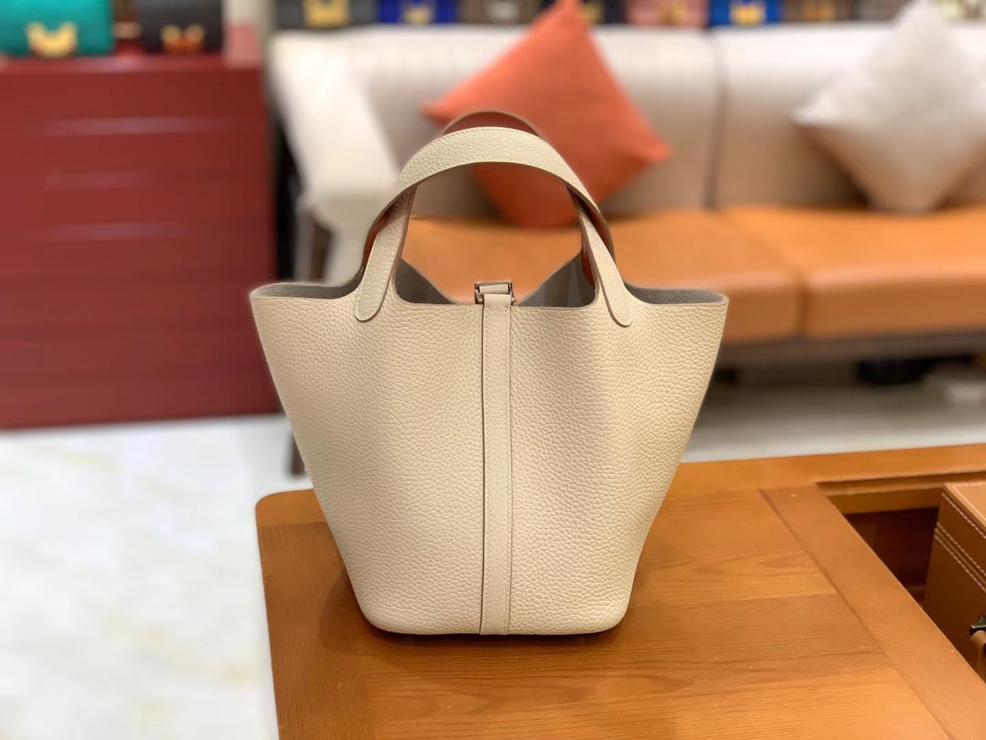 Hermès（爱马仕）Picotin 菜篮子 奶昔白内拼橙红 进口TC大牛皮 金扣 18cm 原版蜜蜡线 顶级手缝