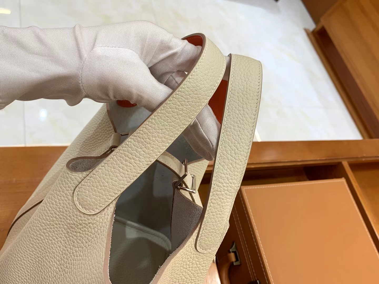 Hermès（爱马仕）Picotin 菜篮子 奶昔白内拼橙红 进口TC大牛皮 金扣 18cm 原版蜜蜡线 顶级手缝