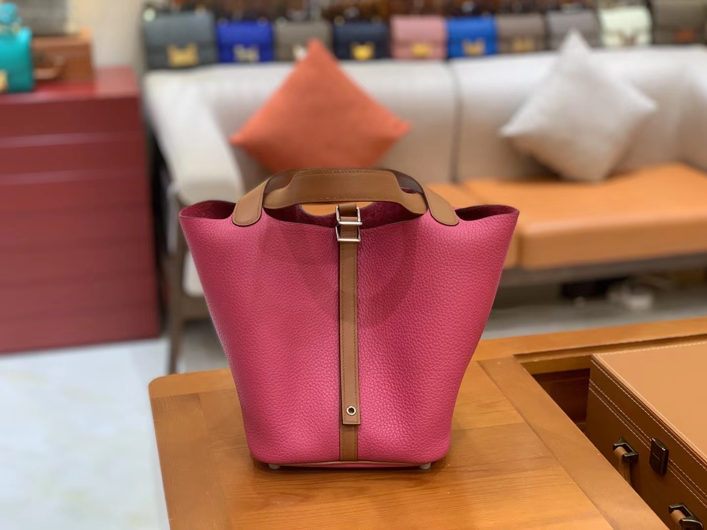 Hermès（爱马仕）Picotin 菜篮子 金棕拼玉兰粉 进口TC大牛皮 银扣 22cm 原版蜜蜡线 顶级手缝