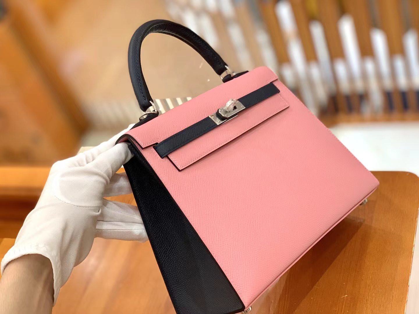 Hermès（爱马仕）Kelly 凯莉包 樱花粉拼午夜蓝 Epsom小牛皮 银扣 25cm 原版蜜蜡线 顶级手缝