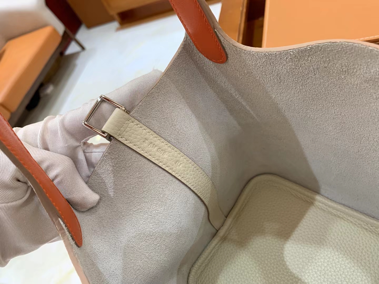 Hermès（爱马仕）Picotin 菜篮子 奶昔白内拼橙红 进口TC大牛皮 金扣 18cm 原版蜜蜡线 顶级手缝