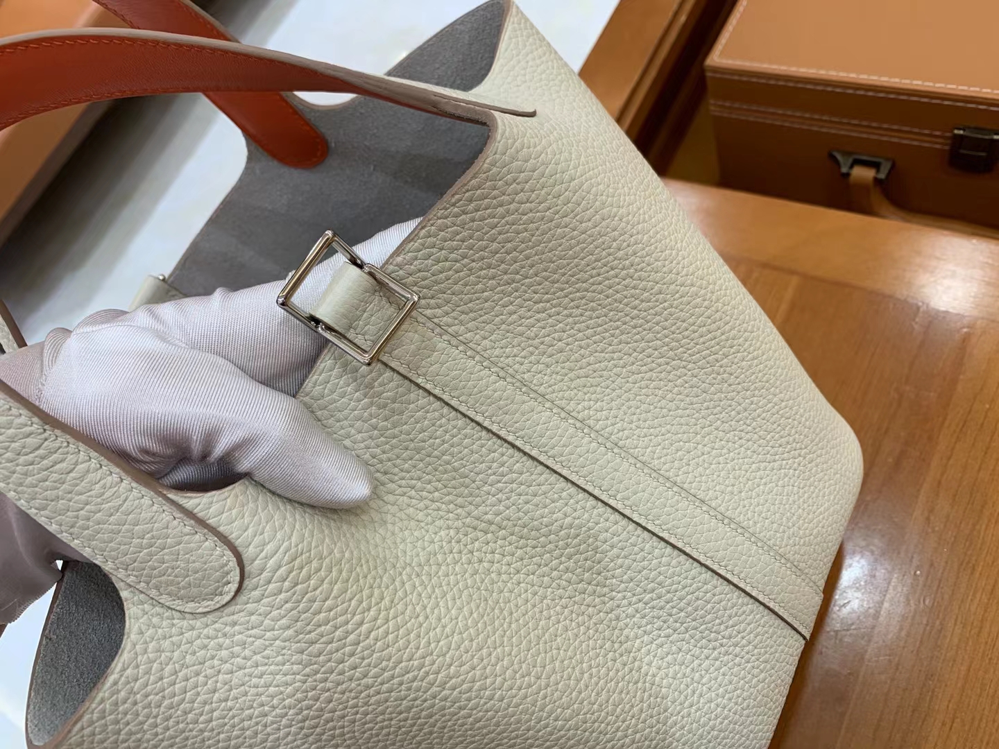 Hermès（爱马仕）Picotin 菜篮子 奶昔白内拼橙红 进口TC大牛皮 金扣 18cm 原版蜜蜡线 顶级手缝