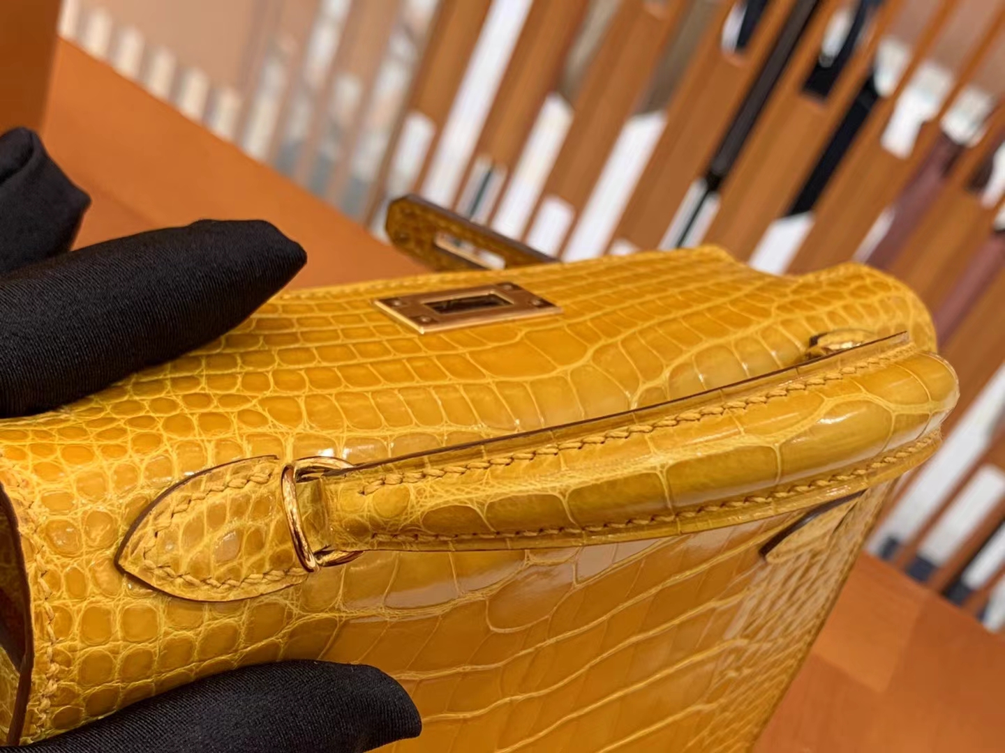 Hermès（爱马仕）Mini kelly 迷你凯莉 琥珀黄 一级美洲鳄鱼皮 金扣 二代 原版蜜蜡线 顶级手缝