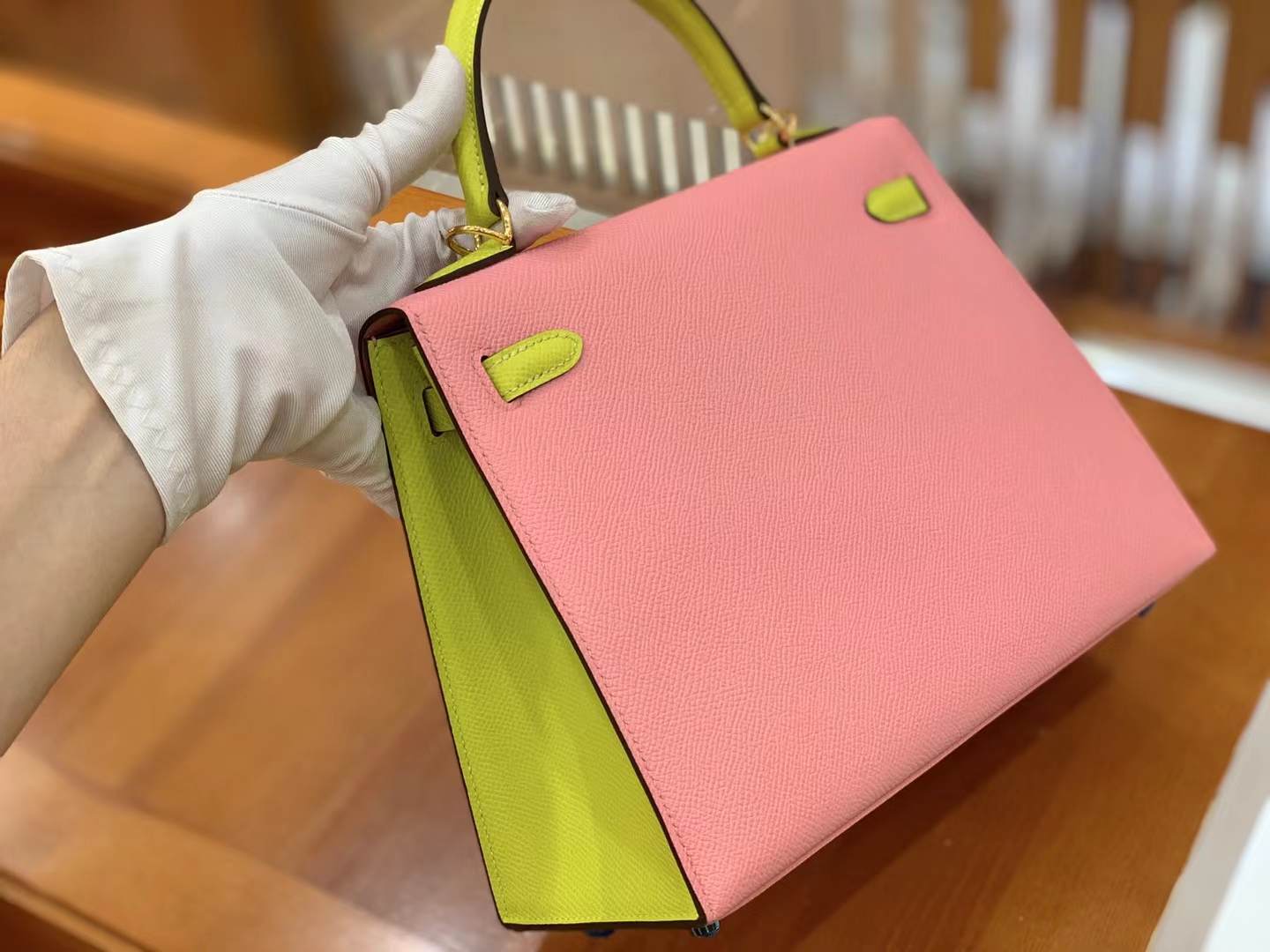 Hermès（爱马仕）Kelly 凯莉包 樱花粉拼柠檬黄 Epsom小牛皮 金扣 25cm 原版蜜蜡线 顶级手缝
