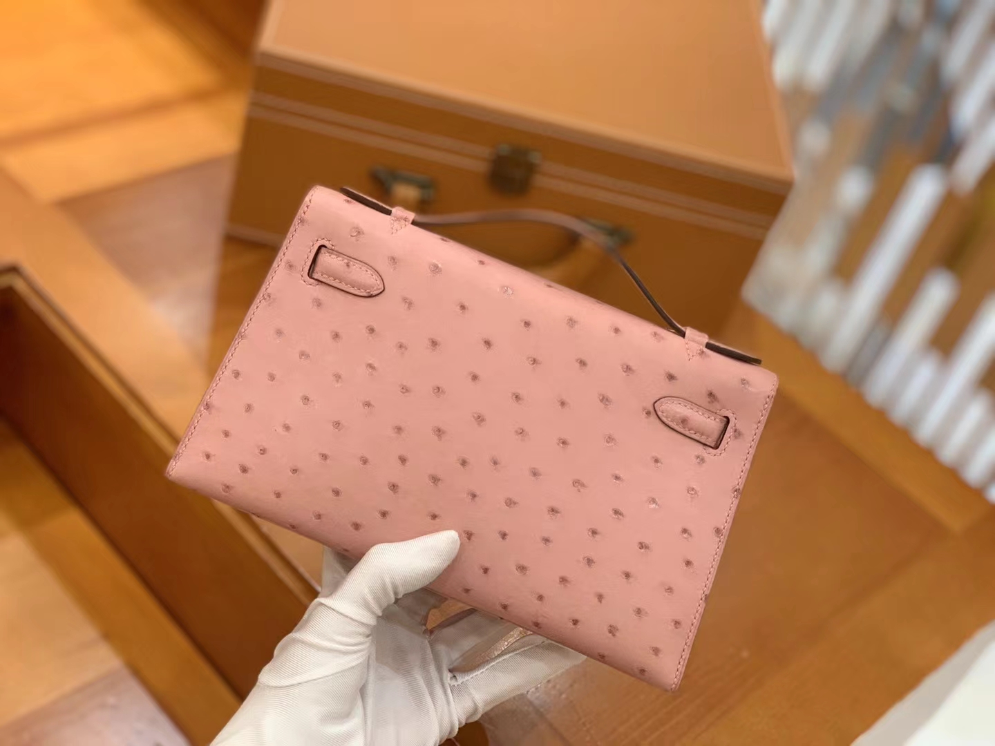 Hermès（爱马仕）Mini kelly Pochette 陶瓷粉 南非KK级鸵鸟皮 金扣 一代 原版蜜蜡线 顶级手缝
