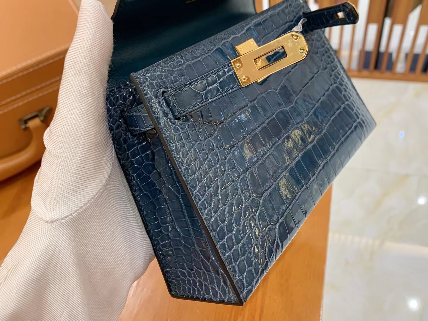 Hermès（爱马仕）Mini kelly 迷你凯莉 鸭仔蓝 进口美洲鳄鱼皮 金扣 二代 原版蜜蜡线 顶级手缝