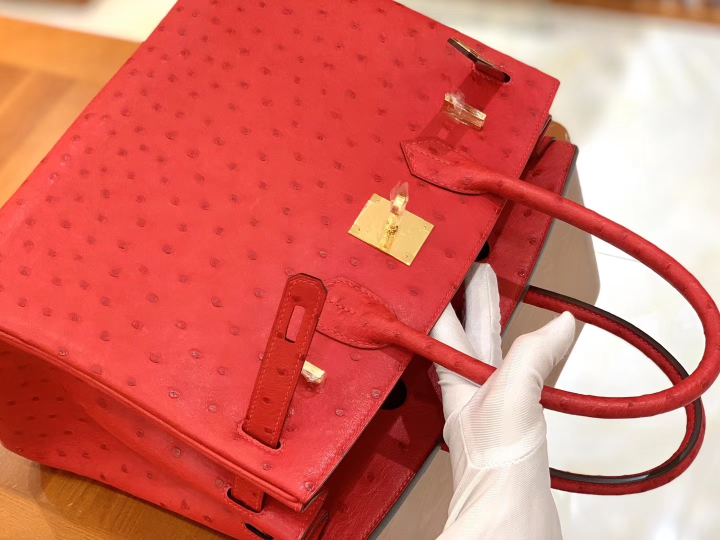 Hermès（爱马仕）Birkin 铂金包 南非KK鸵鸟皮 大红色 金扣 30cm 原版蜜蜡线 顶级手缝