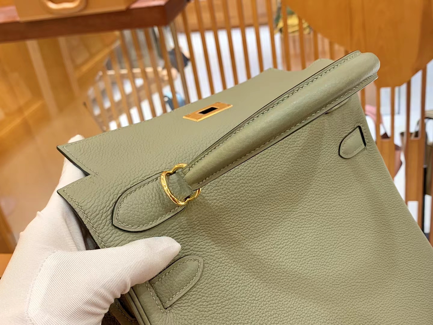 Hermès（爱马仕）Kelly 凯莉包 鼠草绿 Togo小牛皮 金扣 28cm 原版蜜蜡线 顶级手缝