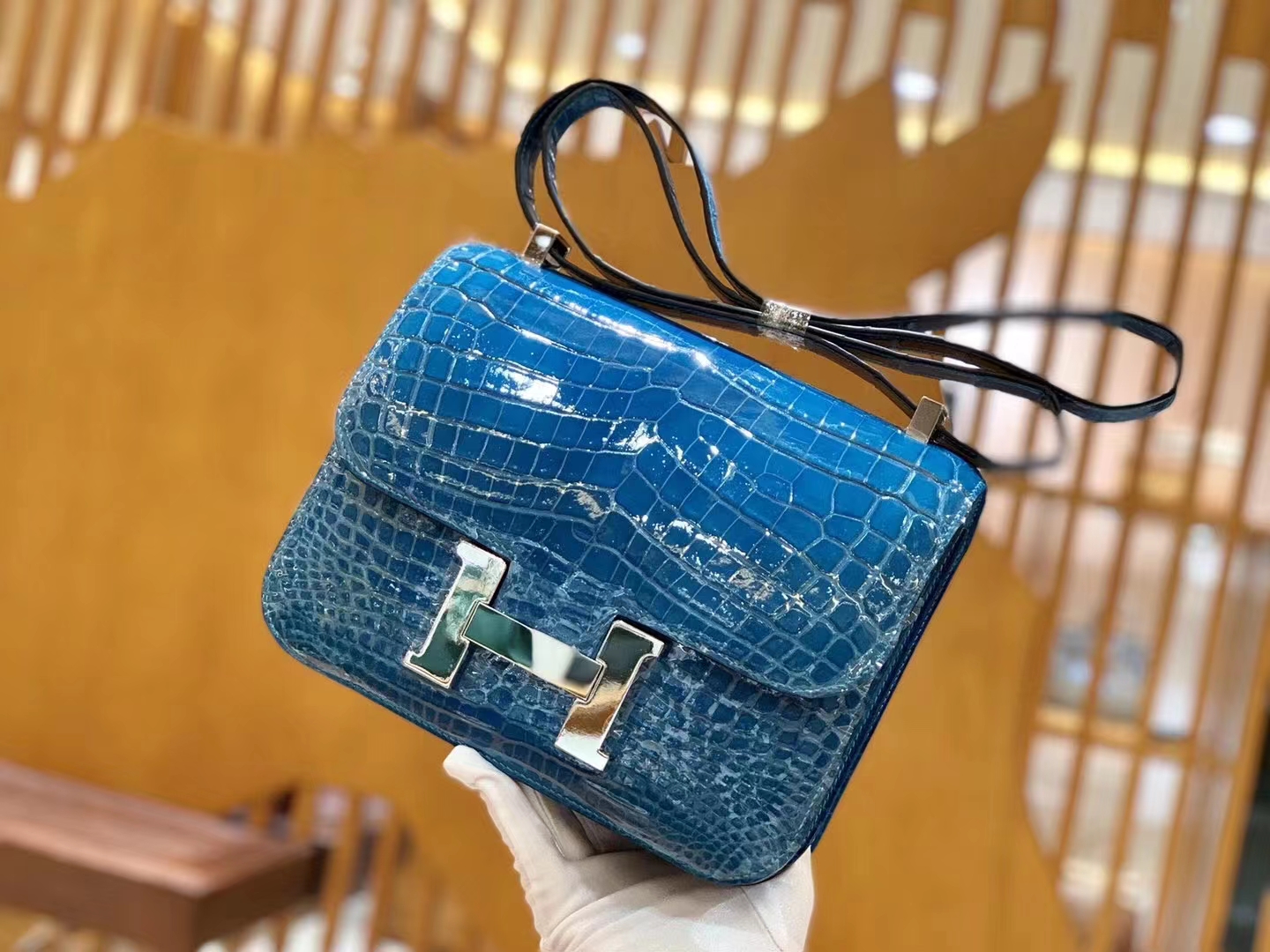 Hermès（爱马仕）Constance 康斯坦斯 伊兹密尔蓝 进口尼罗鳄鱼皮 银扣 24cm 原版蜜蜡线 顶级手缝