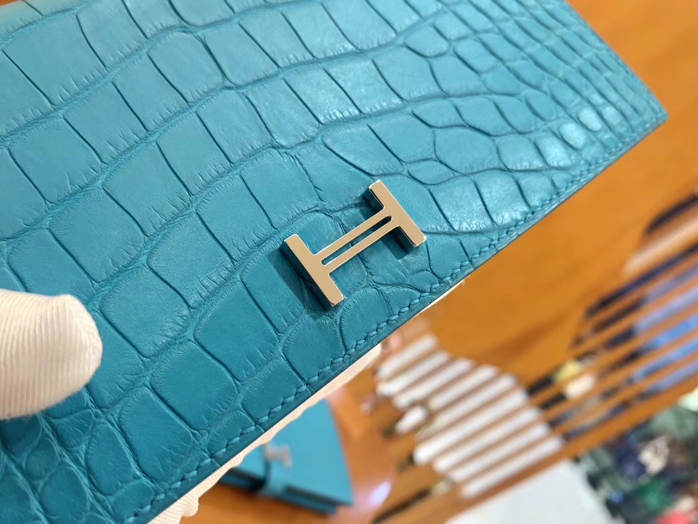 Hermès（爱马仕）Bearn 长夹 孔雀蓝 一级雾面美洲鳄鱼皮 金扣 原版蜜蜡线 顶级手缝