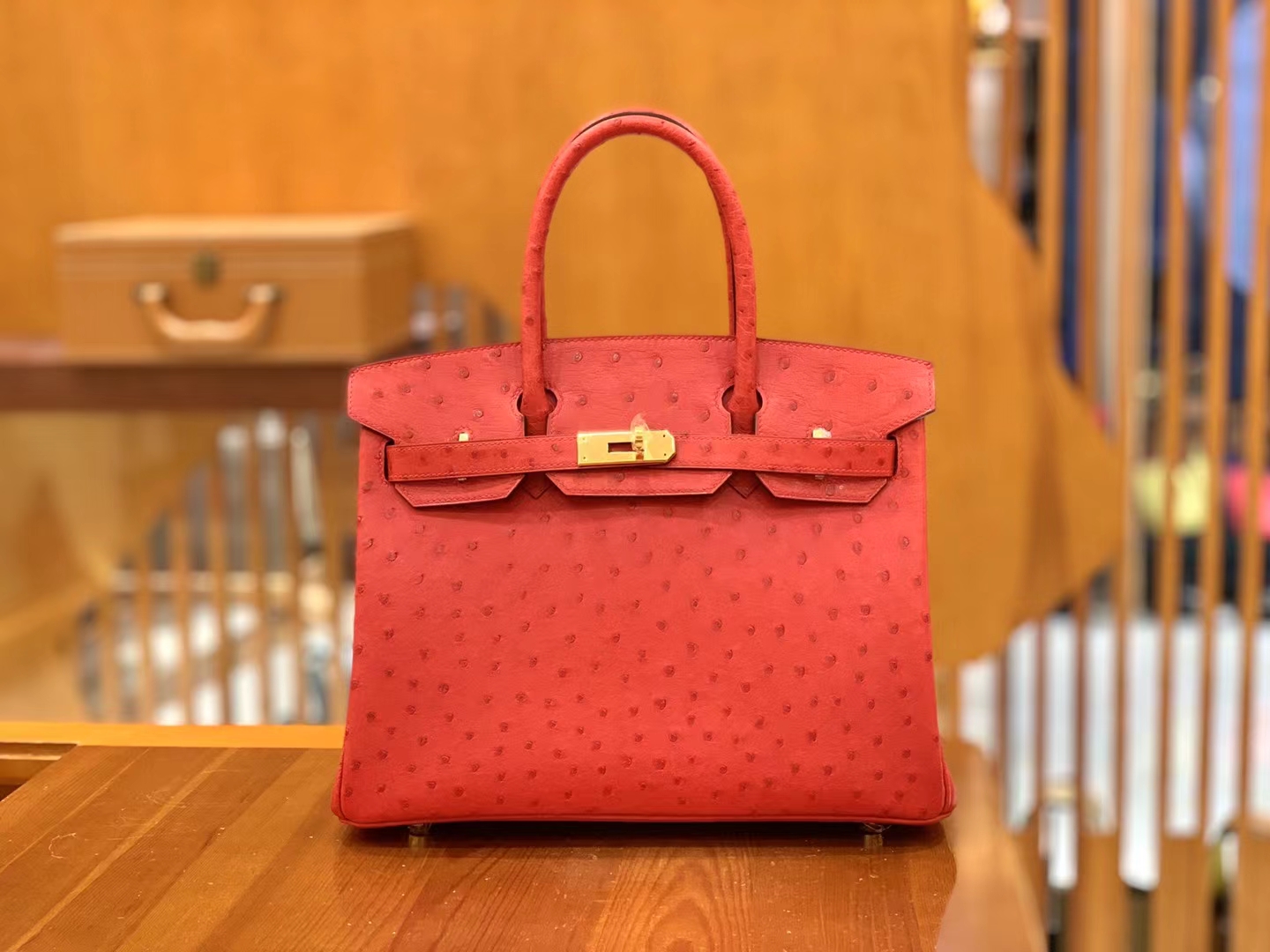 Hermès（爱马仕）Birkin 铂金包 南非KK鸵鸟皮 大红色 金扣 30cm 原版蜜蜡线 顶级手缝