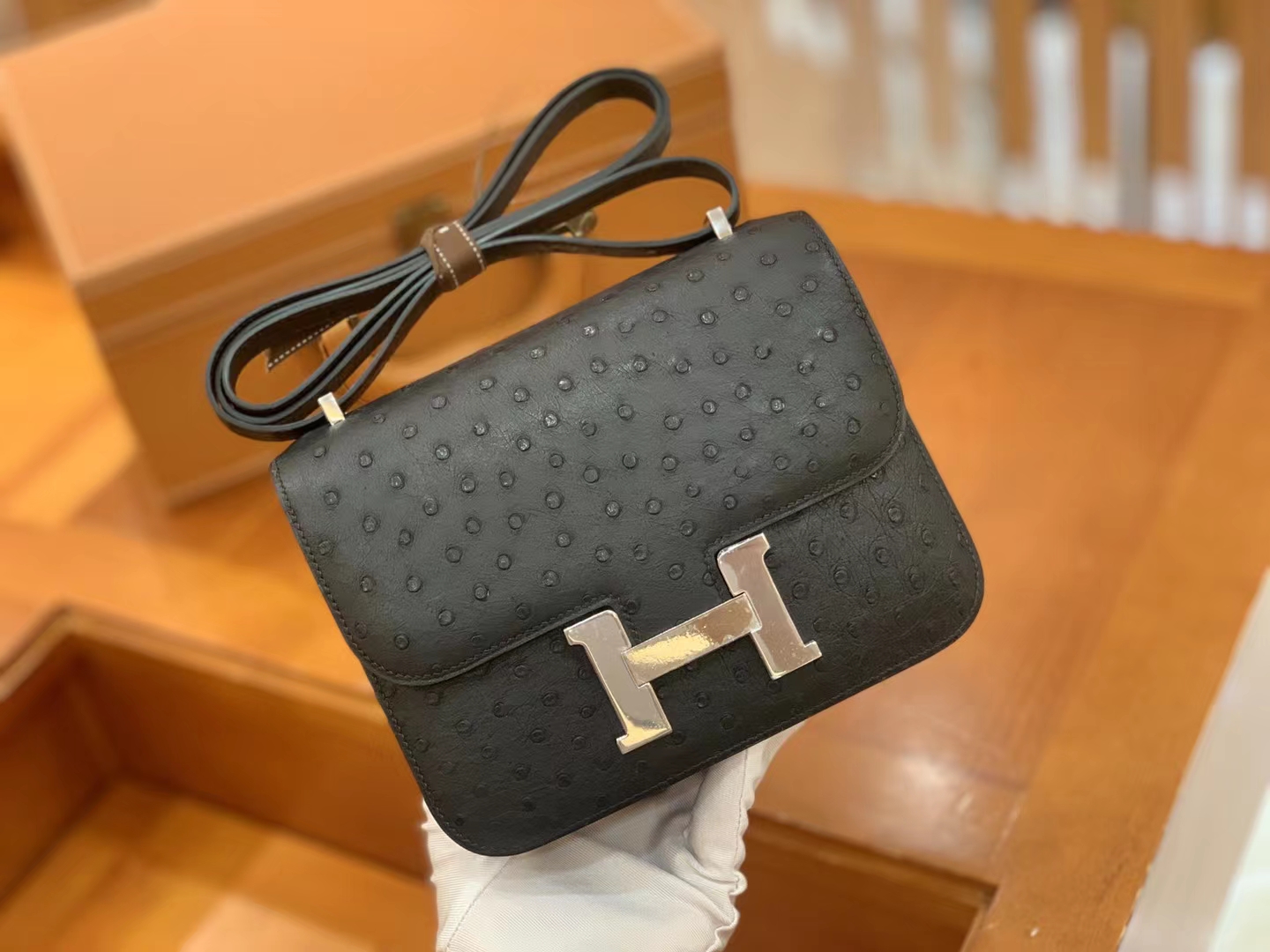 Hermès（爱马仕）Constance 康康 经典黑 南非KK鸵鸟皮 银扣 19cm 原版蜜蜡线 顶级手缝