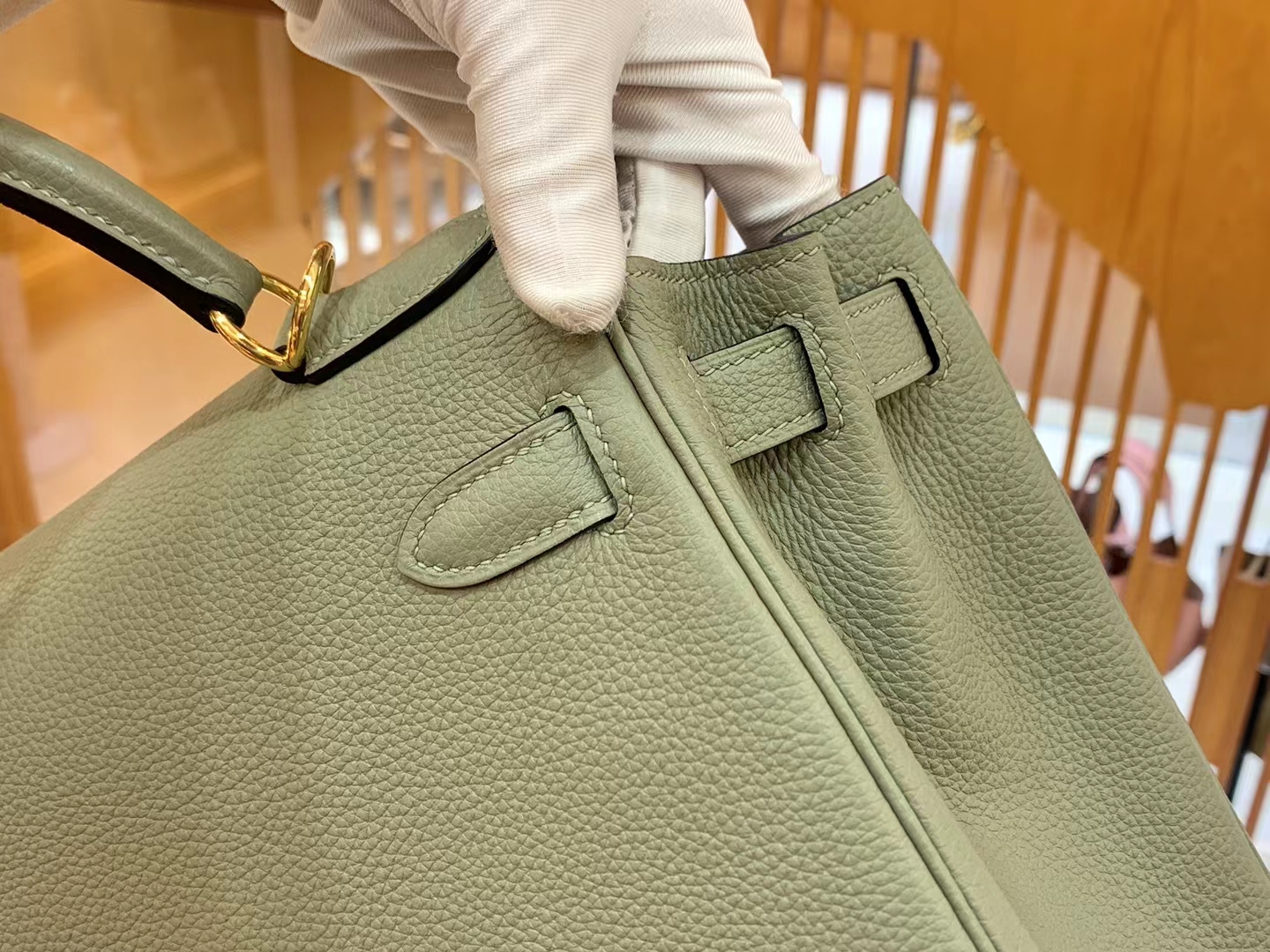 Hermès（爱马仕）Kelly 凯莉包 鼠草绿 Togo小牛皮 金扣 28cm 原版蜜蜡线 顶级手缝