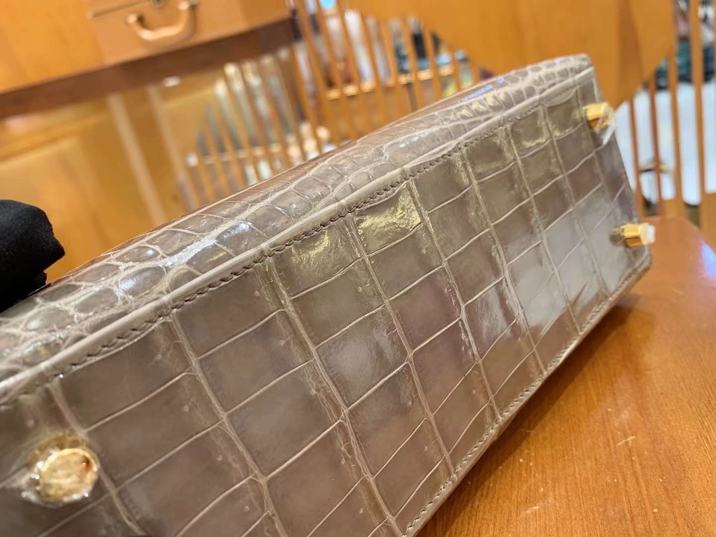 Hermès（爱马仕）Kelly 凯莉包 大象灰拼翡翠绿 进口尼罗鳄鱼皮 金扣 25cm 原版蜜蜡线 顶级手缝
