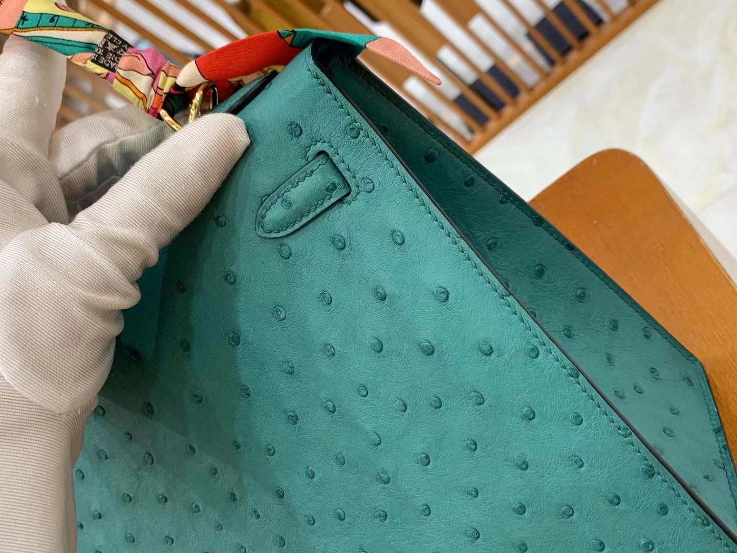 Hermès（爱马仕）Kelly 凯莉包 薄荷绿 进口kk级鸵鸟皮 金扣  25cm 法国原版蜜蜡线 定制