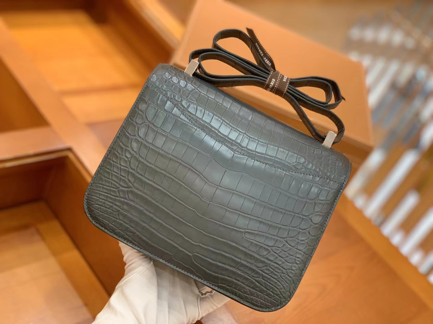 Hermès（爱马仕）Constance 康斯坦斯 进口尼罗鳄鱼皮 锡器灰 银扣 24cm 原版蜜蜡线 顶级手缝