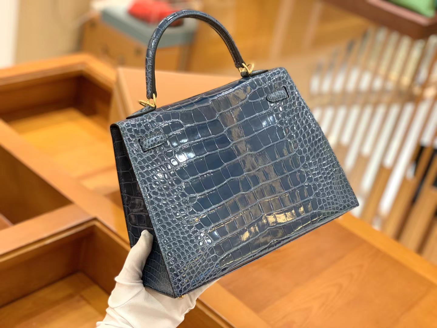 Hermès（爱马仕）Kelly 凯莉包 鸭仔蓝 进口美洲鳄鱼皮 金扣 25cm 原版蜜蜡线 顶级手缝