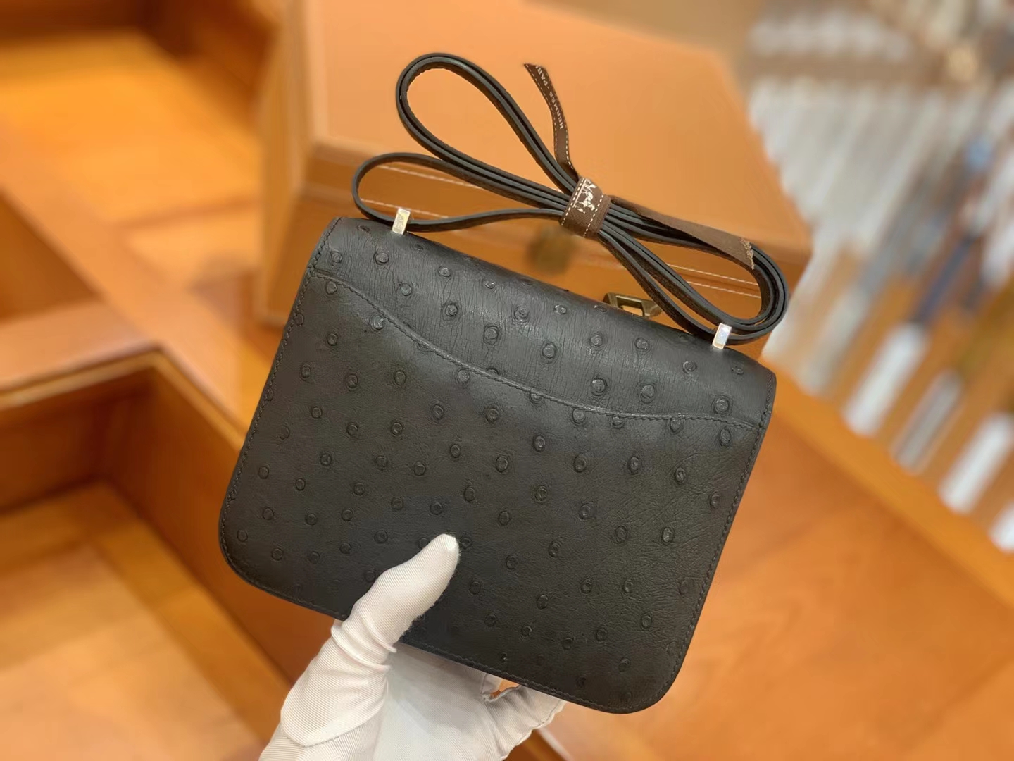 Hermès（爱马仕）Constance 康康 经典黑 南非KK鸵鸟皮 银扣 19cm 原版蜜蜡线 顶级手缝