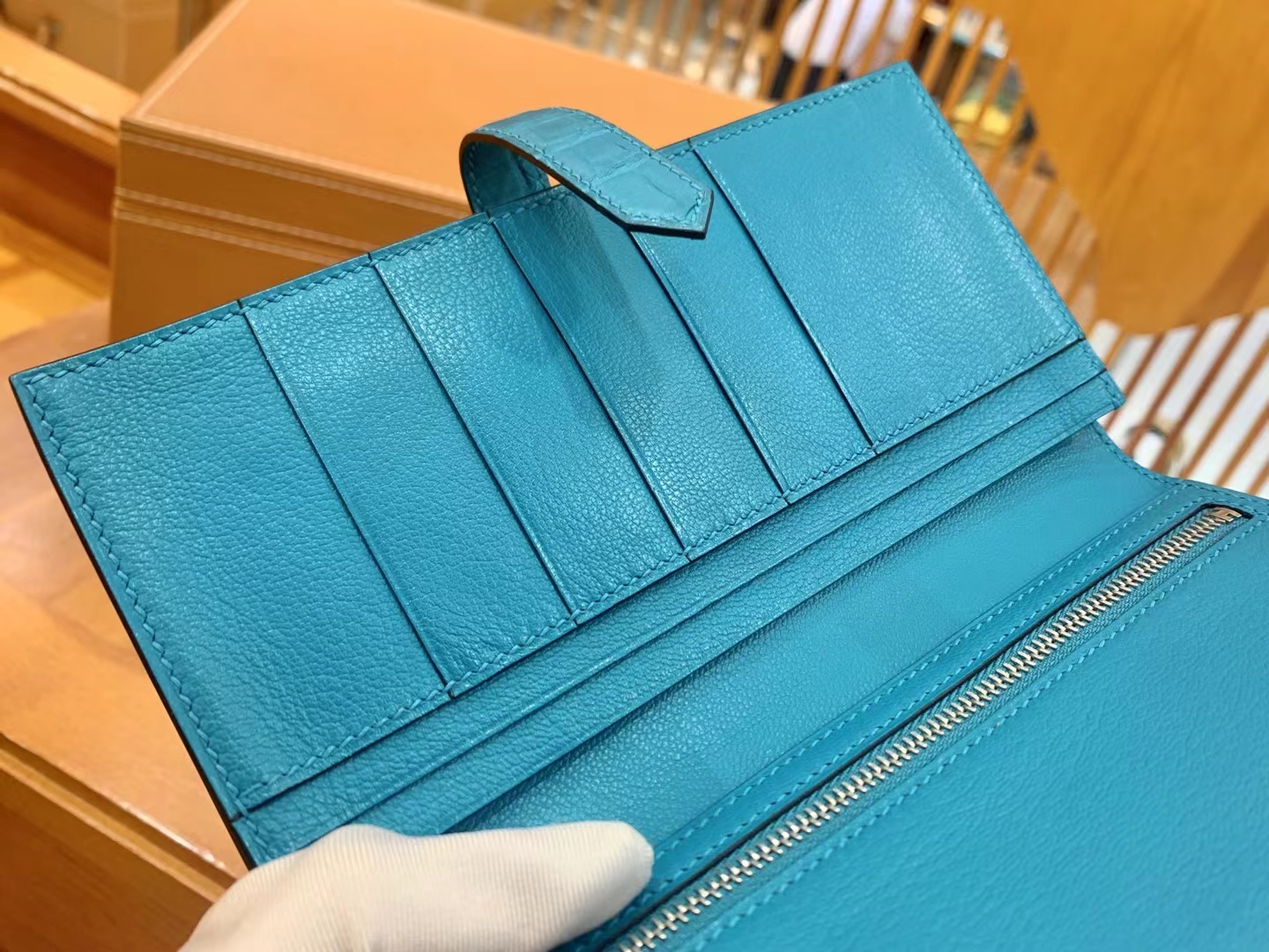 Hermès（爱马仕）Bearn 长夹 孔雀蓝 一级雾面美洲鳄鱼皮 金扣 原版蜜蜡线 顶级手缝