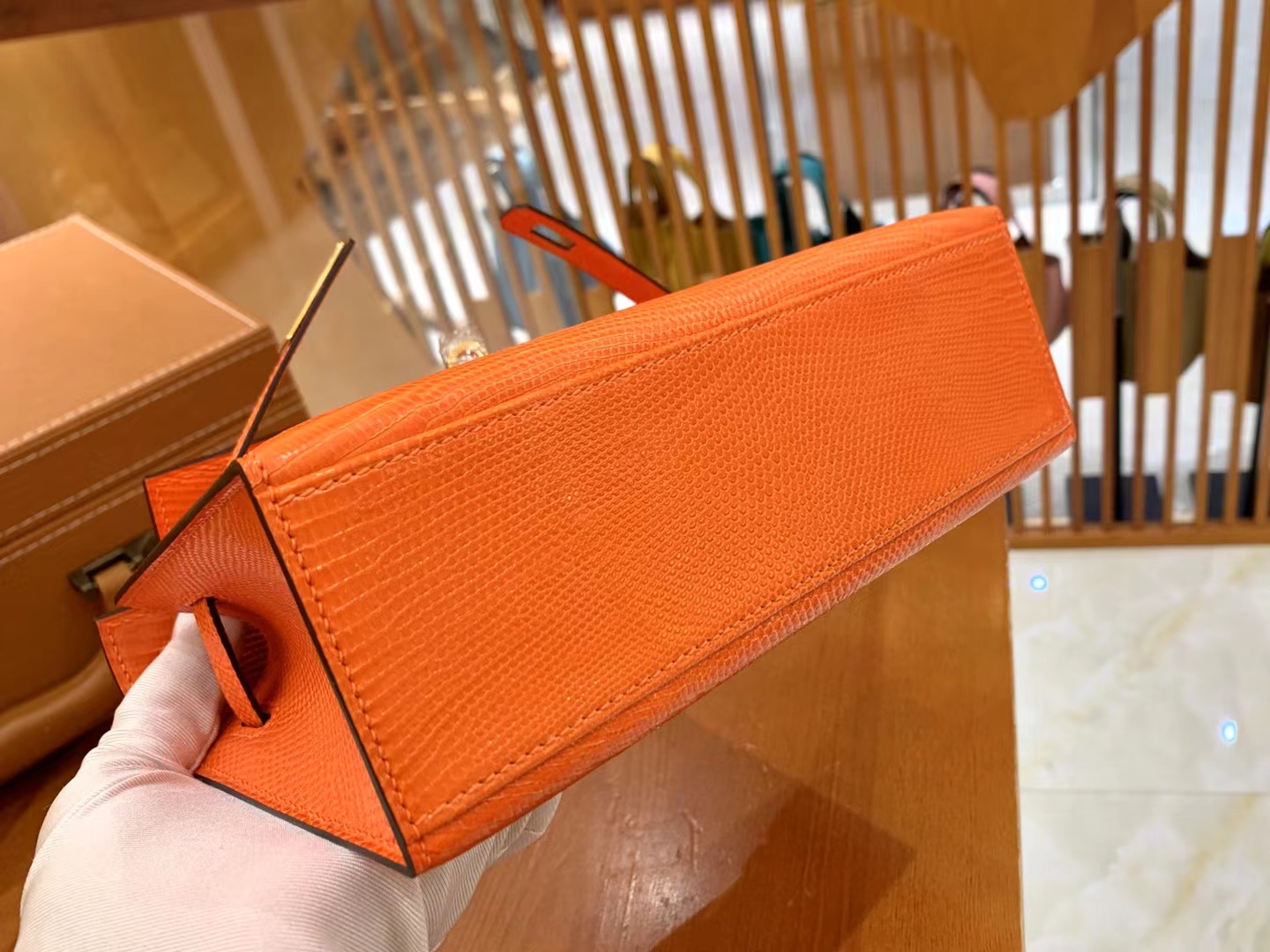 Hermès（爱马仕）Mini Kelly 迷你凯莉 经典橙 野生蜥蜴皮 金扣 一代 原版蜜蜡线 顶级手缝